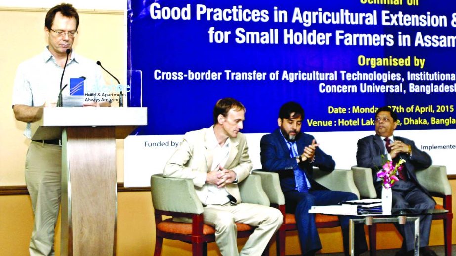 Cornelis de Wolf, Country Director of Concern Universal Bangladesh delivering welcome speech in a seminar on 'Good practices in Agricultural Extension & Market Development for Small Holder Farmers in Assam & Bangladesh' at a city hotel organized by Conc