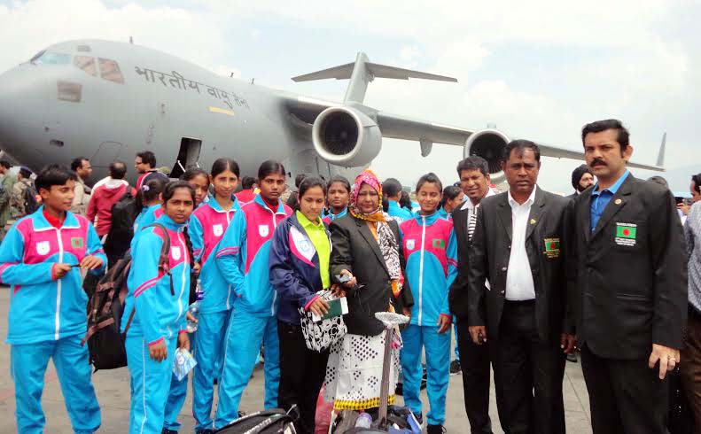 Members of Bangladesh Under-14 Girls' football team returned home on Sunday evening.