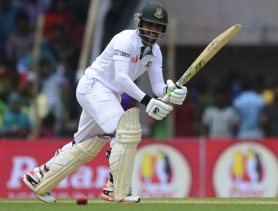 Mominul Haque plays towards square leg during the 1st day of the 1st Test between Bangladesh and Pakistan at the Sheikh Abu Naser Stadium in Khulna on Tuesday.