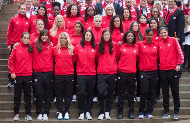 Members of the Canadian national women's soccer team stand for a photograph after the roster for the 2015 FIFA Women's World Cup was announced in Vancouver, British Columbia on Monday.