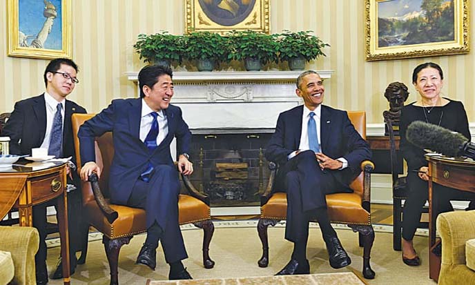 US president Barack Obama meets Japanes Prime Minister Shinzo Abe in the Oval office of the White House on Tuesday.