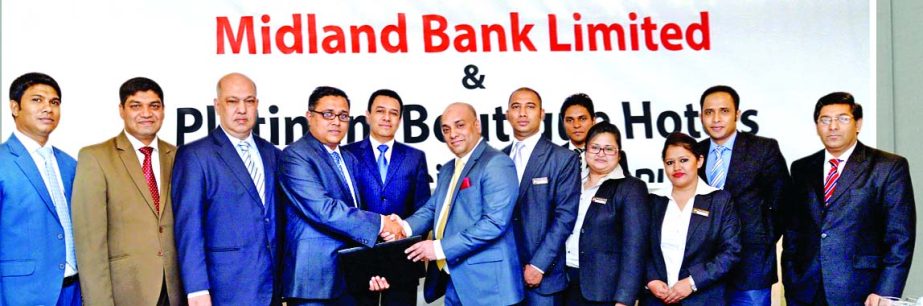 Md Ridwanul Hoque, SVP & Head of Retail Distribution of Midland Bank Limited and Mohammad Ali Tinku, Deputy General Manager of Platinum Boutique Hotels sign MoU recently. Under the MoU MDB Visa cardholders can enjoy 50percent discount on all room charges