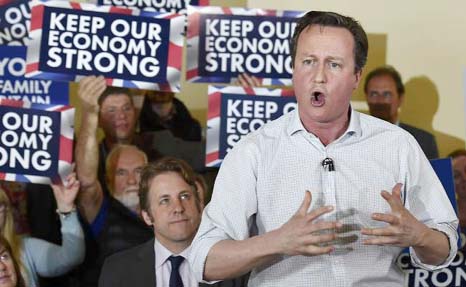 British Prime Minister and Conservative Party leader David Cameron addressing a general election campaign in London.