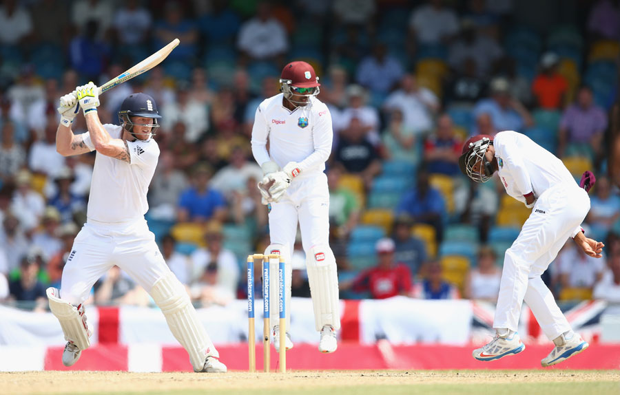 Ben Stokes playing an attacking shot on the 3rd day of 3rd Test between West Indies and England at Bridgetown on Sunday.