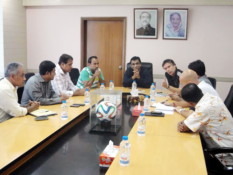 President of Bangladesh Football Federation (BFF) Kazi Salahuddin, Head Coach of Bangladesh National Football team lodewijk de Kruif and the BFF officials taking part at a discussion at the BFF House on Sunday.