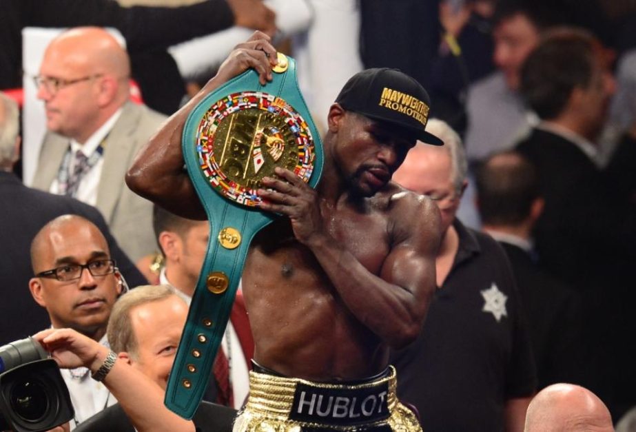 Floyd Mayweather celebrates his victory over Manny Pacquiao on Saturday.