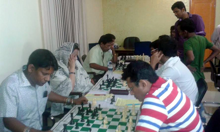 A scene from the matches of the Golden Sporting Club International Rating Chess Tournament at the Muktijoddha Sangsad Smrity Stadium Bhaban in Rajshahi on Tuesday.