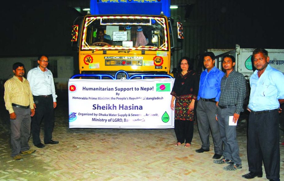 Dhaka WASA has sent 20,000 litres of mineral water (Shanti) on Tuesday as humanitarian support for quake-hit Nepalese people as per instruction of Prime Minister Sheikh Hasina.