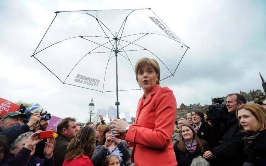 First Minister of Scotland and Leader of the Scottish National Party Nicola Sturgeon speaks at a campaign rally in central Edinburgh.