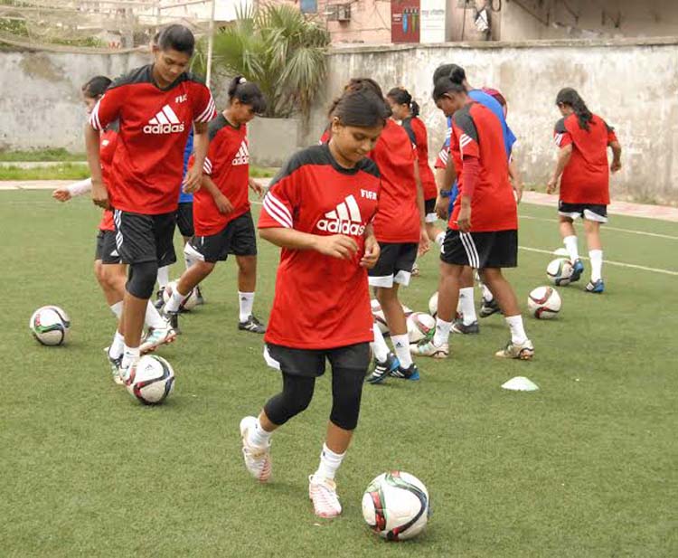 The participants of the FIFA Women's Coaching Course taking part at the practical training session at the BFF Artificial Turf on Thursday.