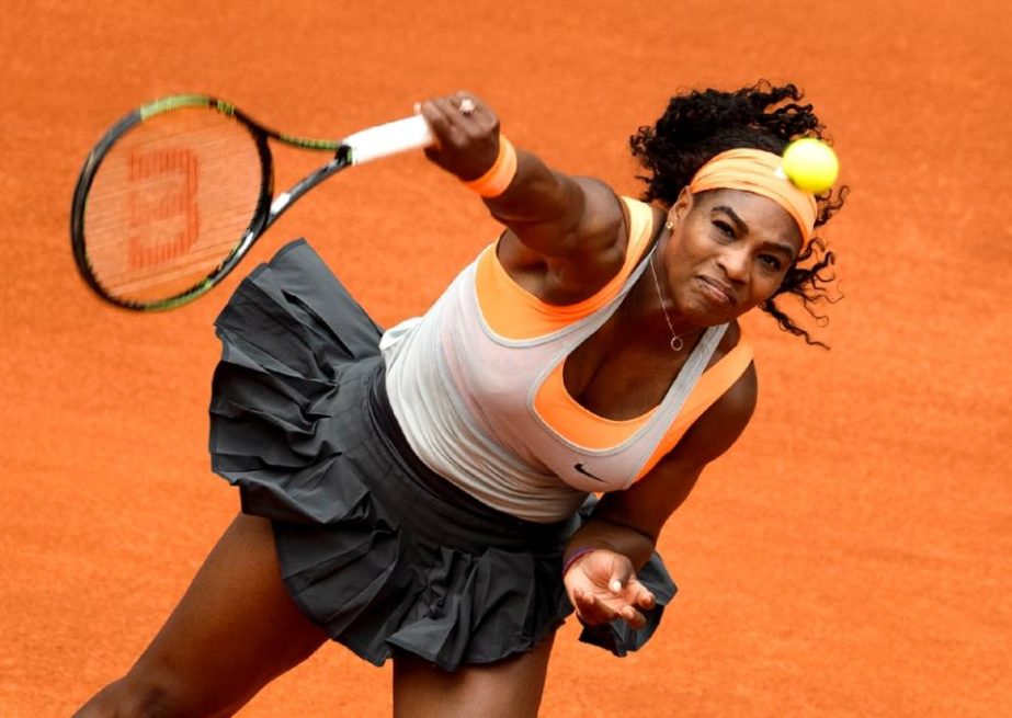 Serena Williams serves to Petra Kvitova during their semi-final at the Madrid Open in Madrid on Friday.