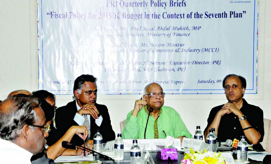 Finance Minister Abul Maal Abdul Muhith speaking at a seminar on 'Fiscal Policy for 2015- '16 Budget in the Context of the Seventh Plan' organized jointly by UK Aid and Policy Research Institute in the city's Banani on Saturday.