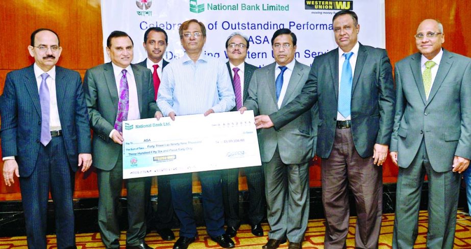National Bank Ltd recently organized a celebration ceremony at a hotel in the city for outstanding performance by ASA on delivering Western Union Services. Shamsul Huda Khan, Managing Director and Md Shafiqual Haque Choudhury, President of ASA were presen