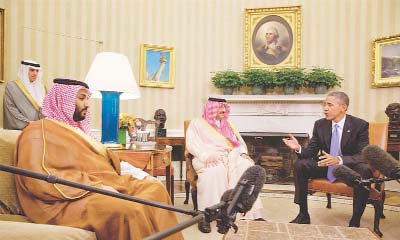 US President Barack Obama (L) welcomes Saudi Arabia's Crown Prince Mohammed bin Nayef (centre) and Deputy Crown Prince Mohammed bin Salman at White House on Wednesday.