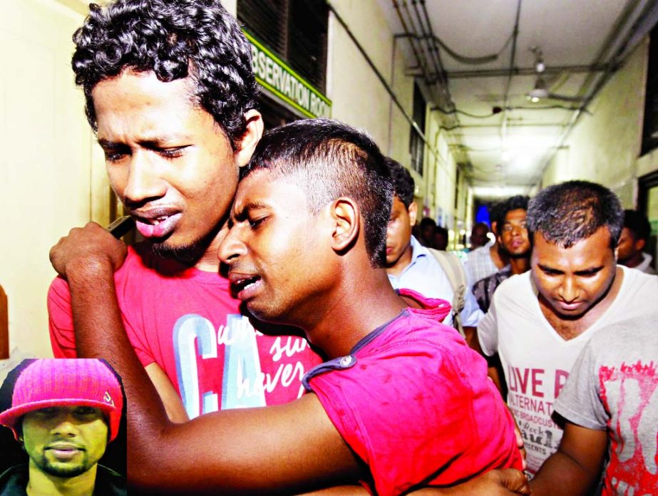 Relatives of the college student who was killed in clash over land dispute in cityâ€™s Pallabi area wailing at the Dhaka Medical College Hospital on Thursday.