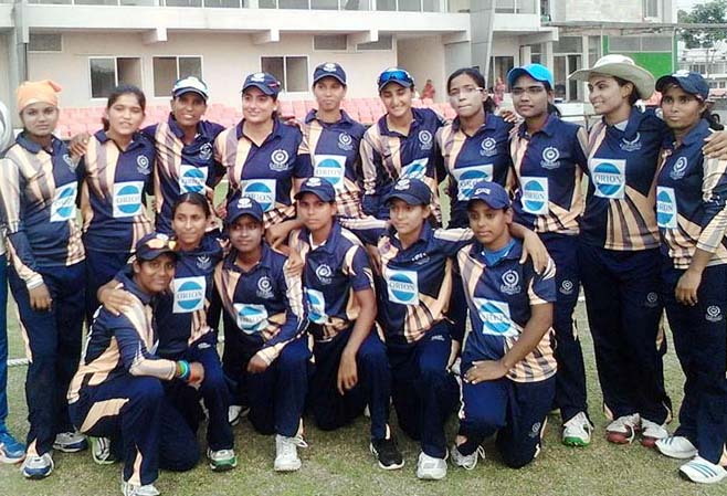 Players of Mohammedan Sporting Club Women Cricket team pose for photo after beating Abahani Limited in the Dhaka Premier Division Women's Cricket Super League at the BKSP ground in Savar on Friday .