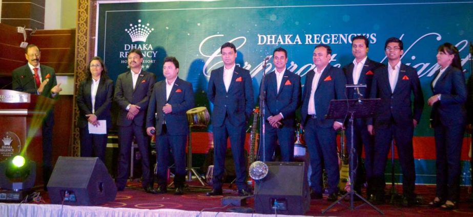 Chairman of Dhaka Regency hotel poses with the participants of a "Corporate Night" programme organized by the hotel at its Celebration Hall on Thursday. Business companies, airlines, embassy, tour operators and executives of Dhaka Regency were taken par