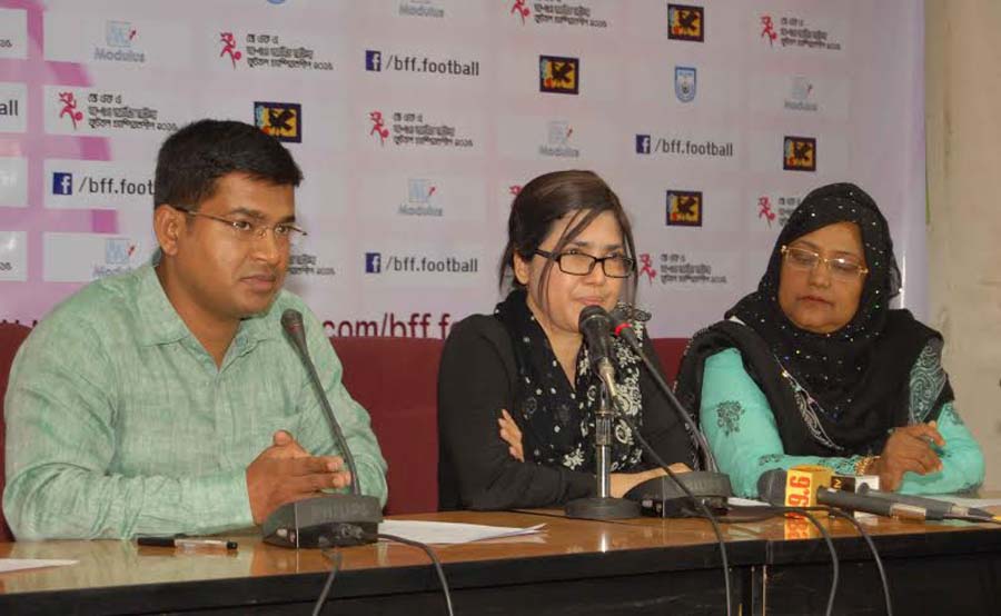 Deputy Chairperson of the Women's Wing of Bangladesh Football Federation (BFF) Mahfuza Akter Kiron speaking at a press conference at the conference room of BFF House on Sunday.