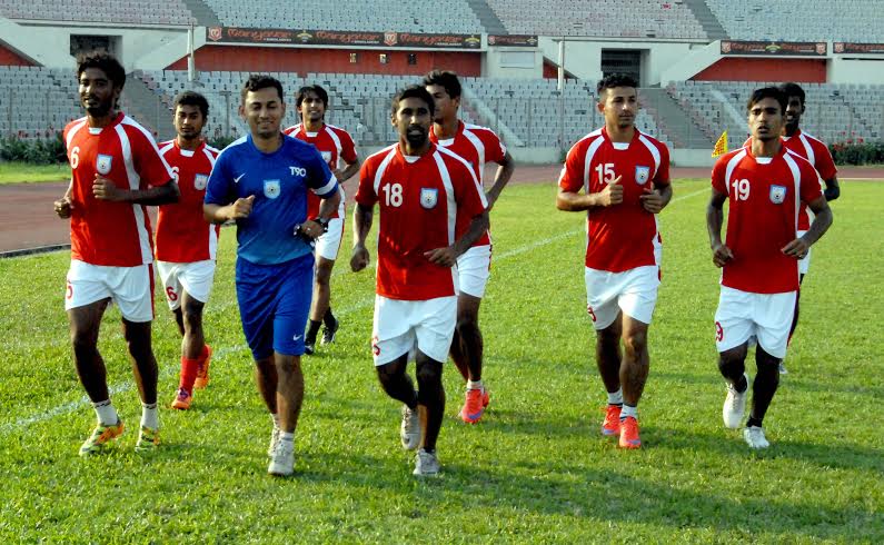 Players of Bangladesh National Football team during a practice session at Bangabandhu National Stadium on Monday.