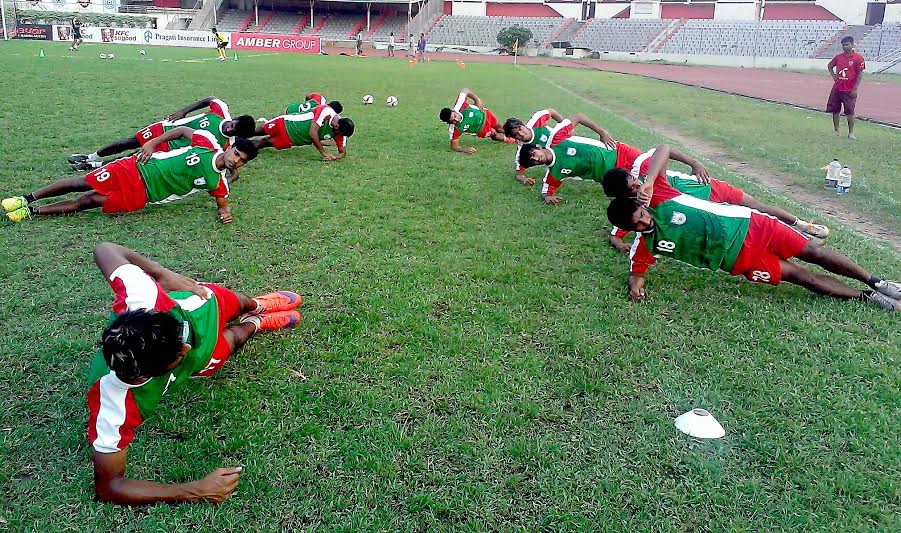 Members of Bangladesh National Football team during their practice session at the Bangabandhu National Stadium on Tuesday.