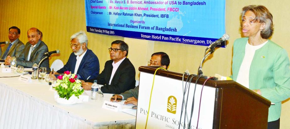 US Ambassador Marcia SB Bernicat speaking at 10th Annual General Meeting of International Business Forum of Bangladesh at a city hotel on Tuesday. FBCCI President Kazi Akram Uddin Ahmed was present as special guest while IBFB President Hafizur Rahman Kha