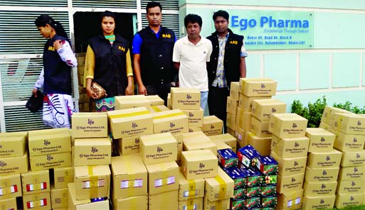 RAB team led by a magistrate raided Ego Pharma in city's Basila Garden city at Mohammadpur and seized huge quantity of adulterated and sub-standard drugs on Tuesday. The Ego Pharma was fined the owner Taka two lakh.