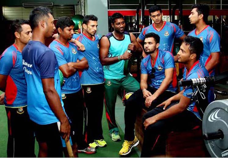 Players of Bangladesh National Cricket team talking during their practice session at the Gymnasium of Sher-e-Bangla National Cricket Stadium in Mirpur on Wednesday.