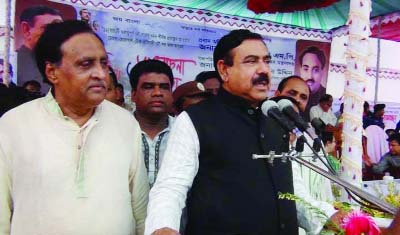 KISHOREGANJ: Shipping Minister Shajahan Khan MP speaking at the opening ceremony of old Bhamaputra River digging programme at Mothkhola area in Pakundia Upazila on Wednesday. Adv Shohorab Uddin MP chaired the programme.