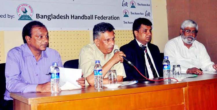 General Secretary of Bangladesh Handball Federation Asaduzzaman Kohinoor speaking at a press conference at the Dutch-Bangla Bank Auditorium of Bangladesh Olympic Association Bhaban on Thursday.