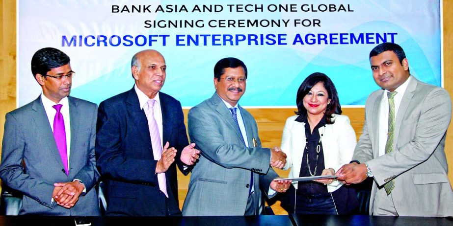 Md Mehmood Husain, Managing Director of Bank Asia Ltd exchanging documents of Microsoft Enterprise licensing solution agreement with Lahiru Munindradasa, Country General Manager of Tech One Global (Pvt.) Ltd and Sonia Bashir Kabir, Managing Director of Mi