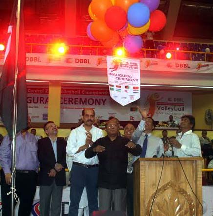 Minister for Commerce Tofail Ahmed inaugurating the Asian Central Zone Volleyball Championship by releasing the balloons as the chief guest at the Shaheed Suhrawardy Indoor Stadium in Mirpur on Saturday.