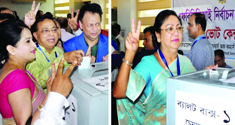 Nitol Niloy Group Chairman Abdul Motlub Ahmed and his wife Selina Ahmed (left) and Monowara Hakim Ali, incumbent first VP of FBCCI showing V-sign while they were casting votes during polls on Saturday.
