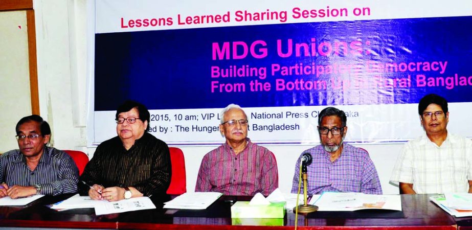 Former Adviser of Caretaker Government of Bangladesh M Hafiz Uddin Khan speaking at Lessons Learned Sharing Session on 'MDG Unions: Building Participatory Democracy from the Bottom Up in Rural Bangladesh held at the Jatiya Press Club on Sunday.
