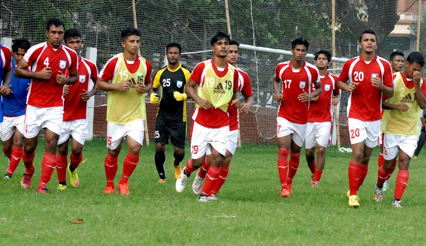 Members of Bangladesh National Football team during their practice session at the Sheikh Jamal Dhanmondi Club Limited Ground on Tuesday.