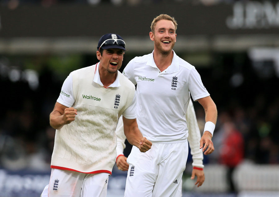 Alastair Cook and Stuart Broad of England celebrate the moment of victory against New Zealand in 1st Investec Test at Lord's on Monday.