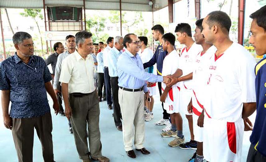 State Minister for Youth and Sports Biren Sikder, MP being introduced with the participants of the Friendship Handball opening match at the Shaheed (Captain) M Mansur Ali National Handball Stadium on Wednesday.