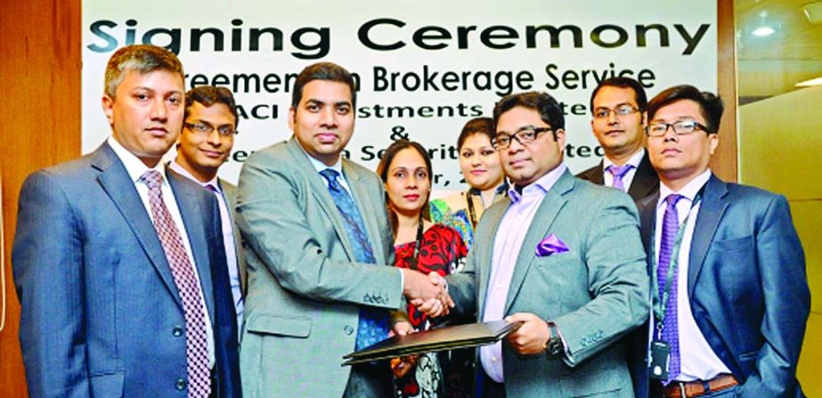 Wafi Shafique Menhaz Khan, Chief Executive Officer of Green Delta Securities Ltd, a subsidiary of Green Delta Insurance Company Limited, and Mushfiqul Quayoom, Managing Director of ABACI Investments Limited exchanging deal documents signed recently. Under