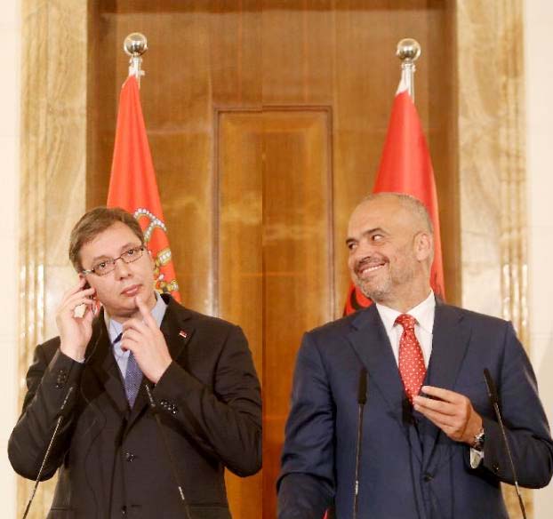 Albanian Prime Minister Edi Rama (R) and Serbian counterpart Aleksandar Vucic (L) give a press conference after their meeting in Tirana on Wednesday.