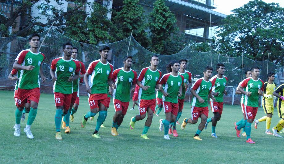 Members of Bangladesh National Football team during their practice session at the Sheikh Jamal Dhanmondi Club Limited Ground on Thursday.