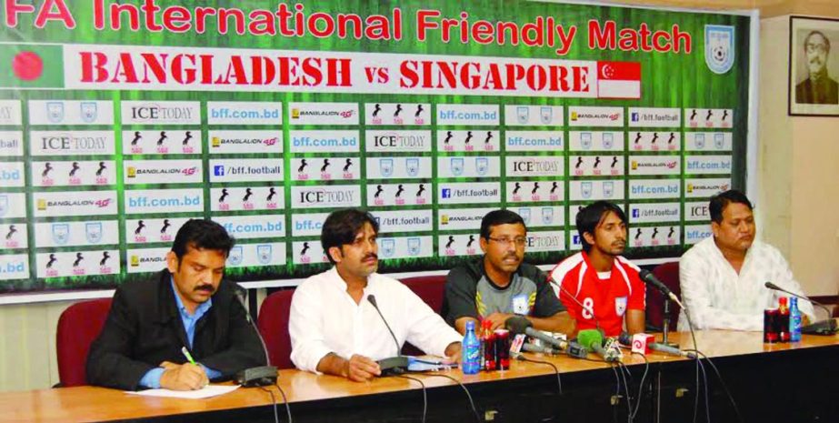 Coach of Bangladesh National Football team Saiful Bari Tito addressing a press conference at the conference room of Bangladesh Football Federation House on Friday.