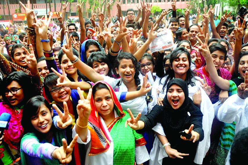 Students of the city's Motijheel Ideal School and College rejoicing as the institution secured 3rd position in the SSC examination under Dhaka Education Board.