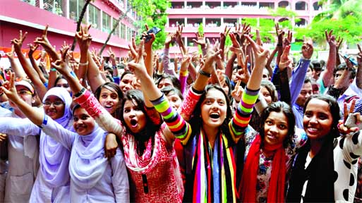 Students of Shamsul Haque Khan School and College in Demra celebrating their success on Saturday after securing the first position in the SSC examinations of Dhaka Education Board.