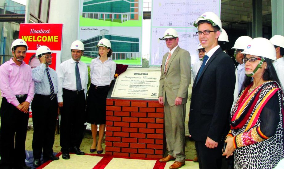 German Ambassador Dr Thomas Prinz unveils foundation-stone of the Refrigerator Expansion Project-4 at the Walton Hi-Tech Industries Limited at Chandra in Gazipur recently. Walton Managing Director Ashraful Alam was present among others.