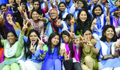 DINAJPUR: Examinees of Dinajpur Govt Girls' High School in the city showing V-sign after their successful SSC result on Saturday.