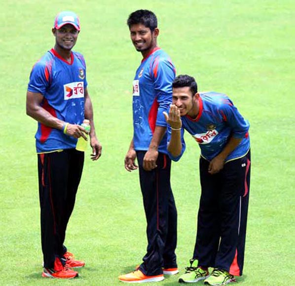 Players of Bangladesh National Cricket team during their practice session at the Sher-e-Bangla National Cricket Stadium in Mirpur on Sunday.