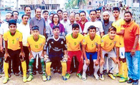 Players of Mansoor Sporting Club pose for a photo session after moved to the semi-finals of Sheikh Russel Gold Cup Football Tournament at the Dholairpar High School Ground recently. Advocate Sanjida Khanom, MP was the chief of the semi-final match.