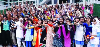 RANGPUR: Jubilant SSC examinees of Rangpur Cantonment Public School and College celebrating their success on the campus in Rangpur city after securing first place under Dinajpur Education Board on Saturday.