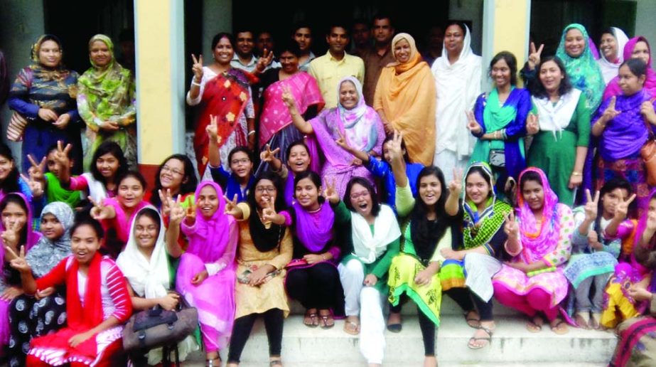 KISHOREGANJ: Students of SV Government Girls' High School in Kishoreganj showing V-sigh to celebrate their brilliant successful after securing 1st position in the district on Saturday.