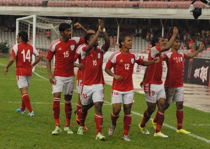 Players of Bangladesh National Football team celebrate after scoring a goal against Afghanistan National Football team during the FIFA International Friendly Football match at the Bangabandhu National Stadium on Tuesday.