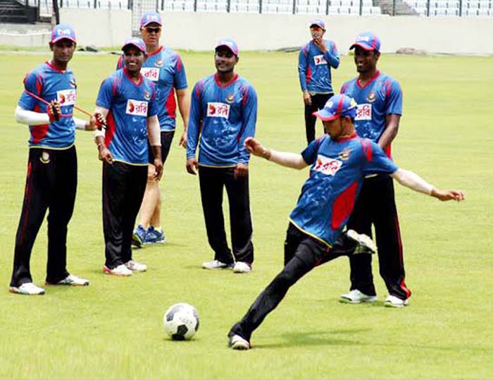 Players of Bangladesh National Cricket team during their practice session at the Sher-e-Bangla National Cricket Stadium in Mirpur on Tuesday.